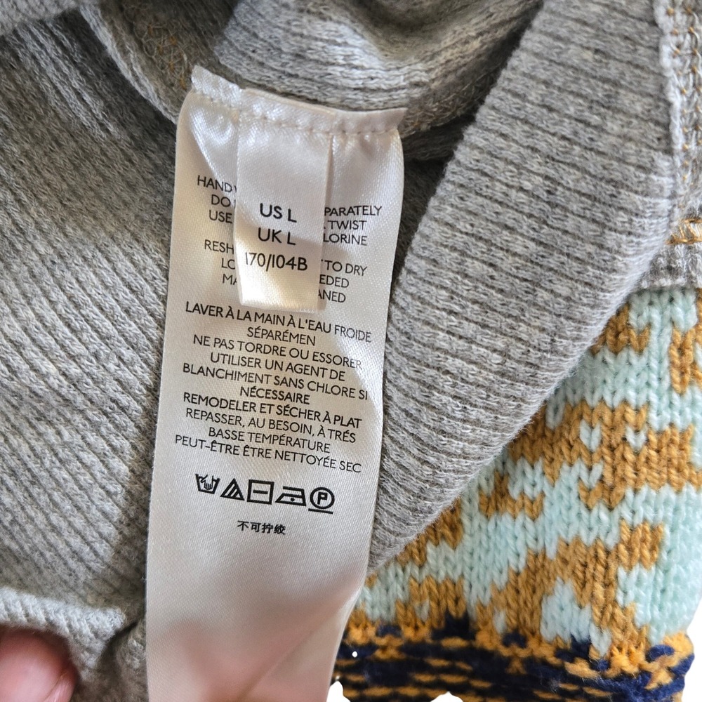 Free People Grey Waffle Knit Thermal Top Mixed Print Crochet Cuff Large - Picture 10 of 10